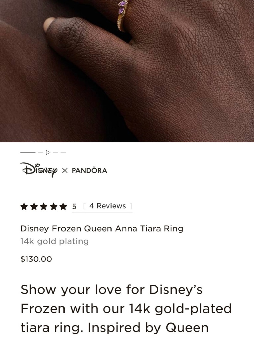 Pandora Disney Frozen Gold Anna Tiara Teardrop Purple‎ Stone Ring size 4 new box